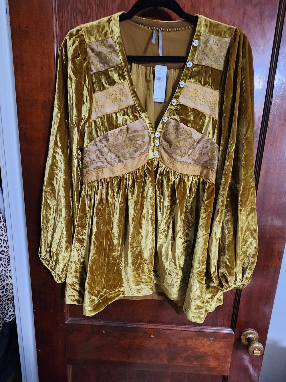NWT By Anthropologie Velvet Lace Babydoll Top Gold Mustard XS